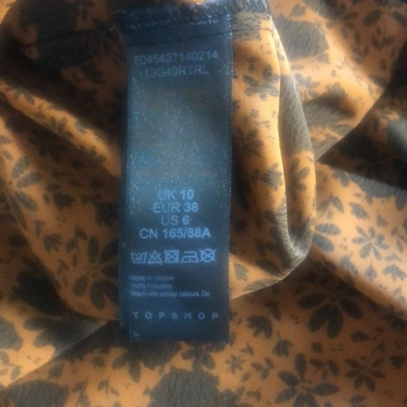 👛(ANY 2/$25) TOPSHOP High Neck Blouse Orange Black Floral Puffed Sleeve/Ruffle - Picture 8 of 10